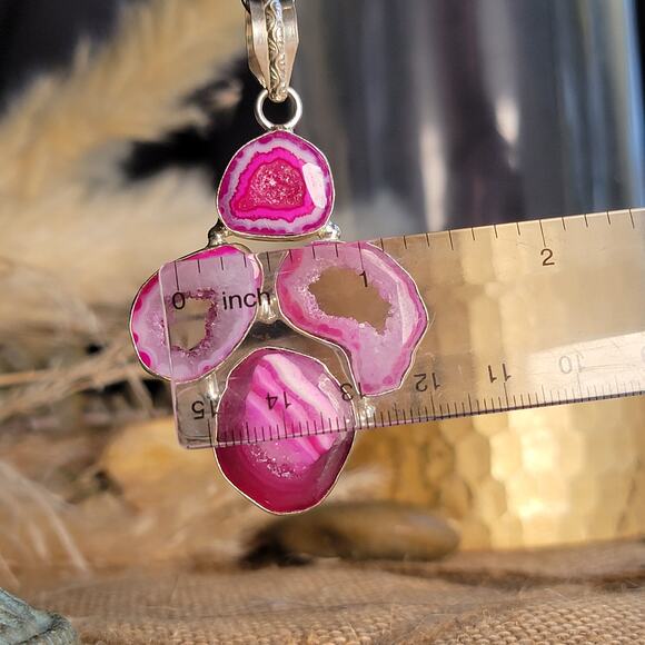 Raw Pink Geode Pendant – Vibrant Crystal Slice + 20" Sterling Silver Chain - Picture 6 of 10